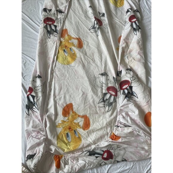 Vintage Tweety Bird & Sylvester Twin Flat Sheet Warner Bros 90s Cartoon White Pi - Picture 9 of 11